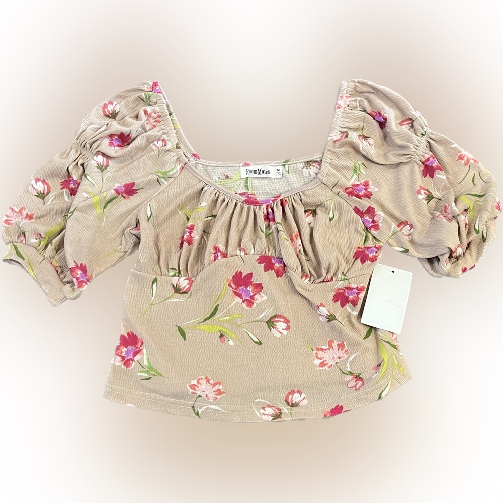 Room Mates Dusty Pink Floral Boho Hippie Crop Top Peasant Sleeve NWT Medium